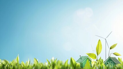 A lively windy day in a charming cartoon city green rooftops and nature animated landscape bright and cheerful viewpoint