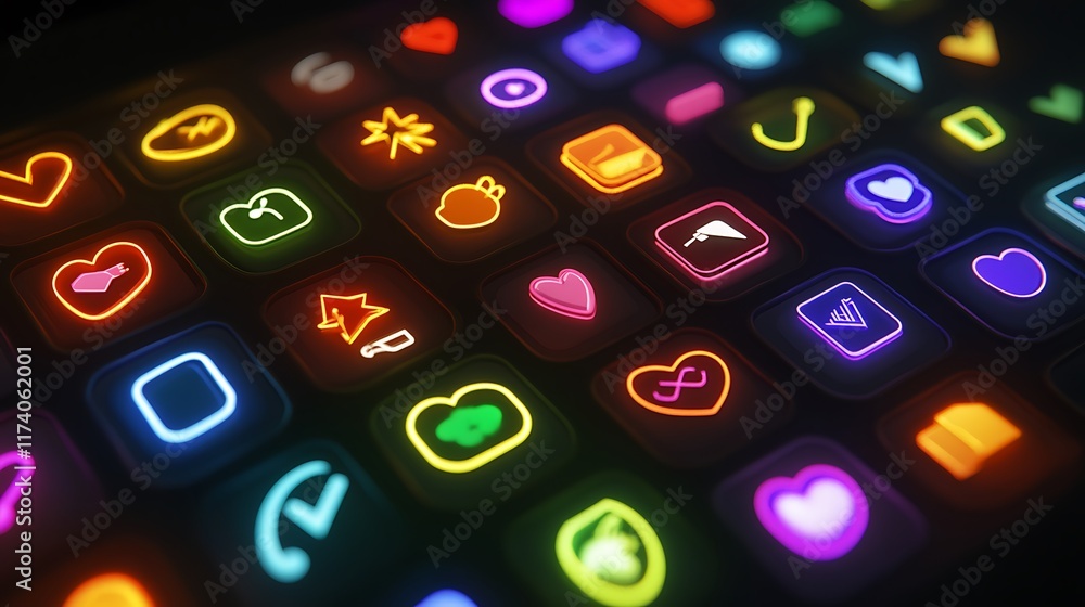 Poster neon glowing app icons grid interface design