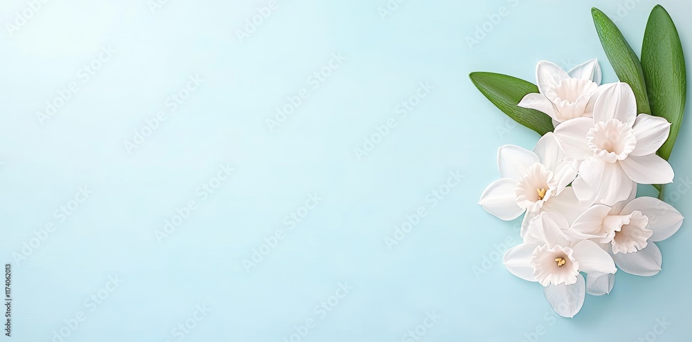 Poster tulips and daffodils set on a blue background in a flat lay style, suitable for a spring greeting ca