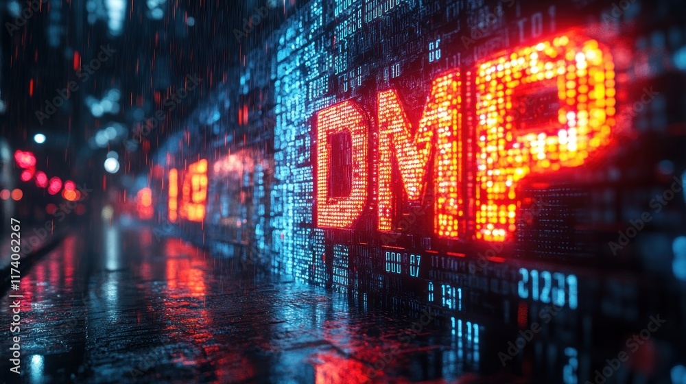 Poster Futuristic Digital Representation of DMP Acronym with Cascading Binary Code in a Dark Environment