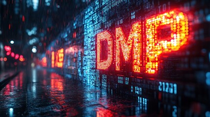 Futuristic Digital Representation of DMP Acronym with Cascading Binary Code in a Dark Environment