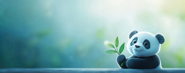 Naklejka premium Adorable cartoon panda holding a small plant in lush green nature whimsical illustration playful environment close-up view