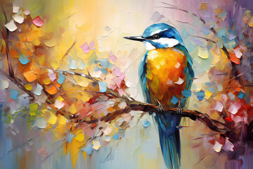 Vibrant kingfisher perched on branch surrounded by colorful blossoms in an impressionistic style