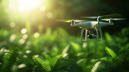 Advanced drone scanning environmental conditions in lush forests aerial photography nature close-up eco-technology insights
