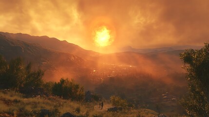 A dramatic sunset over a mountainous landscape, casting warm tones on the valley below.