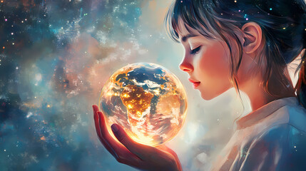Naklejka premium Jeune fille pensive tenant un globe terrestre lumineux dans ses mains. Earthbound. Illustration
