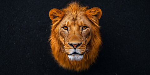 A close-up portrait of a lion, looking directly at the camera with an intense and regal expression.