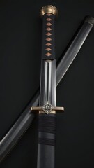 Naklejka premium Sharp katana blade in polished scabbard, intricate tsuka details, japan, sharp