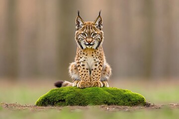 Obraz premium A wild Eurasian Lynx perched on orange leaves in a forest setting