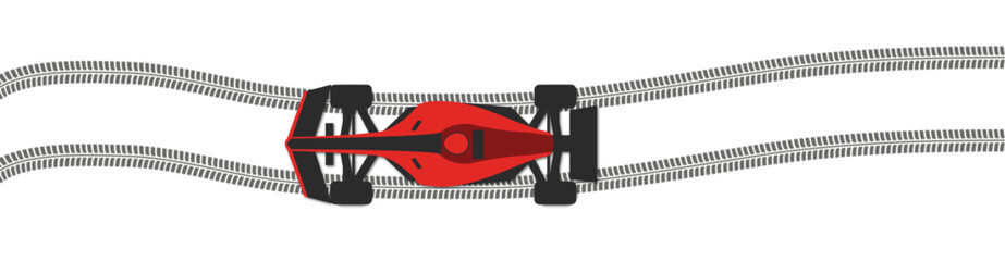 Red racing car drifting on a curvy track. Vector motorsport illustration in a flat style. Speeding vehicle leaving tire marks on the road. High-performance race concept with dynamic motion.