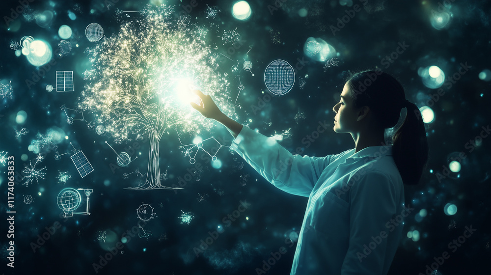 Poster Scientist Touching Glowing Tree of Knowledge with Data Particles Representing Science Research Technology Innovation and Future of Learning