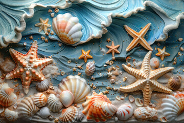 colorful composition of seashells and stars against a background of stylized waves 