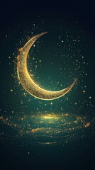 Naklejka premium Ornate Golden Crescent Moon Amidst Sparkling Stars
