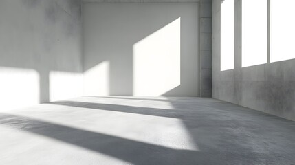 Obraz premium A 3D-rendered features an empty room with a white wall background, concrete floor, and soft natural lighting