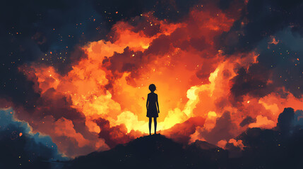 Fototapeta premium Silhouetted figure against dramatic fiery sky. Earthbound. Illustration