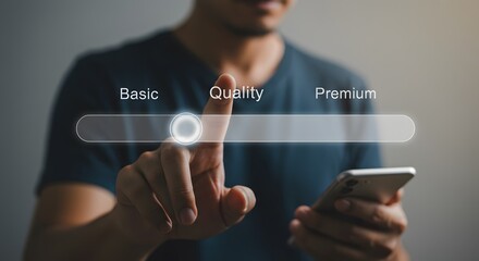 Premium quality selection. Interactive digital slider representing quality level, user adjusting selection for premium service, futuristic technology showcasing modern product quality categorization
