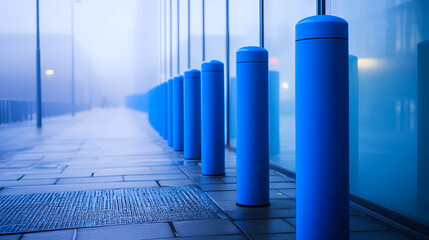 Obraz premium Misty Urban Walkway Lined with Radiant Blue Bollards