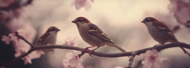 Obraz premium A group of playful birds perches on a limb in Sunny Park's lush spring scenery and tweets merrily