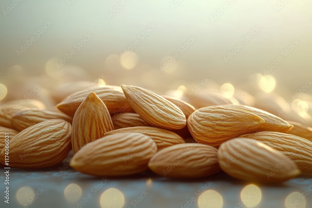 Poster almonds scattered on a reflective surface with soft lighting in the background