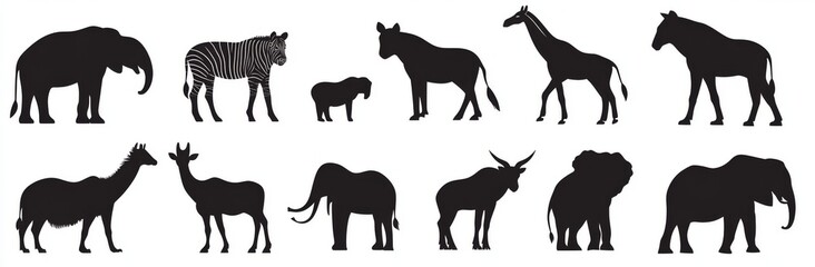 A large assortment of wild animals from the exotic and dangerous African savannah, set in a tropical environment, featuring a modern illustration on a white background