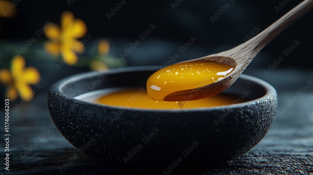 Wall mural Golden liquid dripping from wooden spoon into dark bowl.