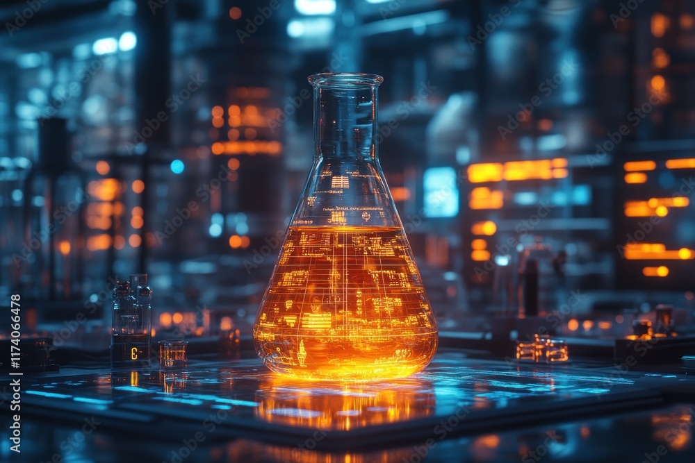 Poster Futuristic Laboratory Scene with Glowing Flask and Digital Holograms Representing AI in Scientific Research and Innovation