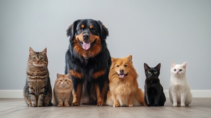Fototapeta premium Five furry friends, a mix of cats and dogs, sit together against a muted gray backdrop.