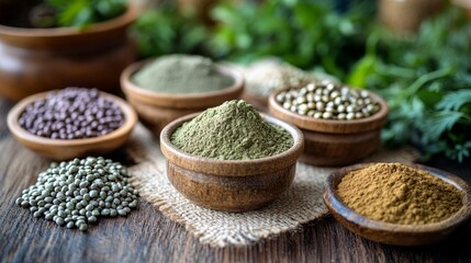 Assortment of Organic Hemp Protein Powders and Seeds for a Plant-Based, Healthy Lifestyle