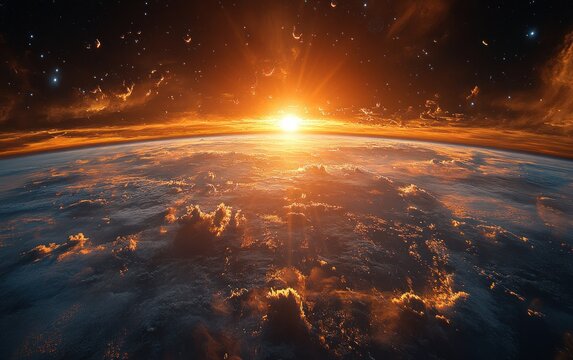 Vibrant Sunrise Over Earth with Satellite Debris Highlighting Space Pollution and Environmental Challenges