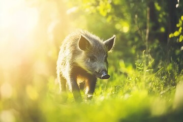 Young wild boar concealed in the tall grass. Sicily, Italy, Europe