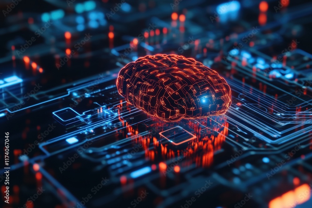 Poster digital brain model showcasing neural connections on circuit board design