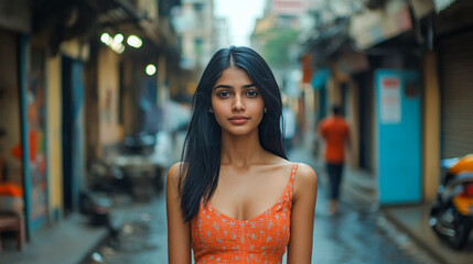 Young asian female in orange dress walking through bustling urban street