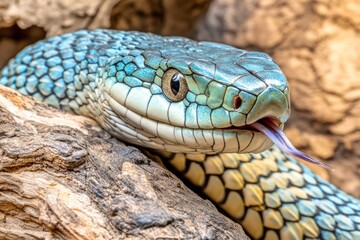 Obraz premium Close-up of a blue viper snake's face, viper snake, blue insularis, Trimeresurus Insularis, animal close-up