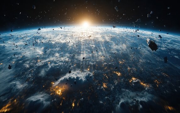 3D illustration of space debris and satellites in low Earth orbit surrounding planet Earth with hyper-realistic details and dramatic lighting