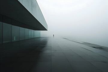 Mysterious empty scene with dark concrete floors and a foggy ambiance, enhancing eerie atmospheric visuals