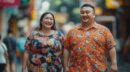 Happy Overweight Asian Couple Walking on a Busy City Street, Embracing Body Positivity and Style.