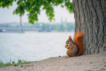 Obraz premium Red squirrel munching on a nut in its natural habitat, with beautiful bokeh and a close-up shot