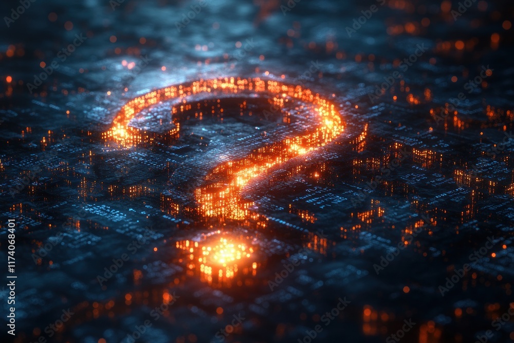 Poster Futuristic Digital Question Mark in Binary Code Illuminated by Blue Ambient Light