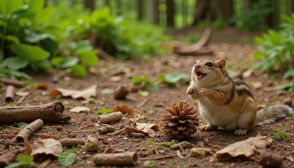 Obraz premium Chattering chipmunk foraging on forest floor, nature's playfulness