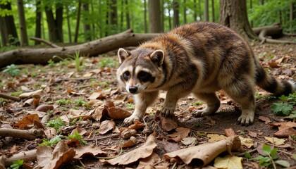 Fototapeta premium Playful raccoon exploring leaf-strewn forest floor, nature's wonder