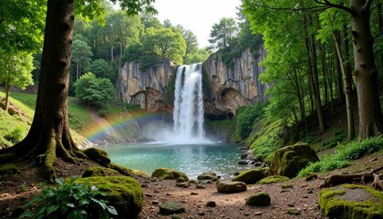 Obraz premium Majestic waterfall cascading into serene lake, vibrant nature