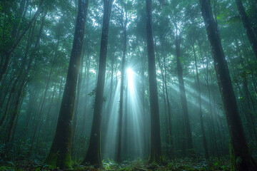 Fototapeta premium Sunlight streams through dense forest canopy creating a serene and mystical atmosphere in the morning