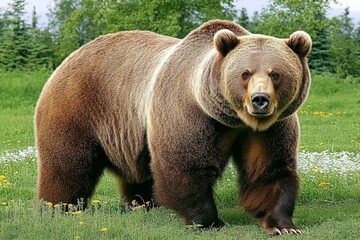 Fototapeta premium A dangerous brown bear, Ursus arctos, moving towards the camera on lush green grass in summer, exuding a threatening presence while walking over the field, leaving room for additional imagery