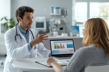 Doctor discusses patient data with a female patient in a modern medical office setting during a consultation