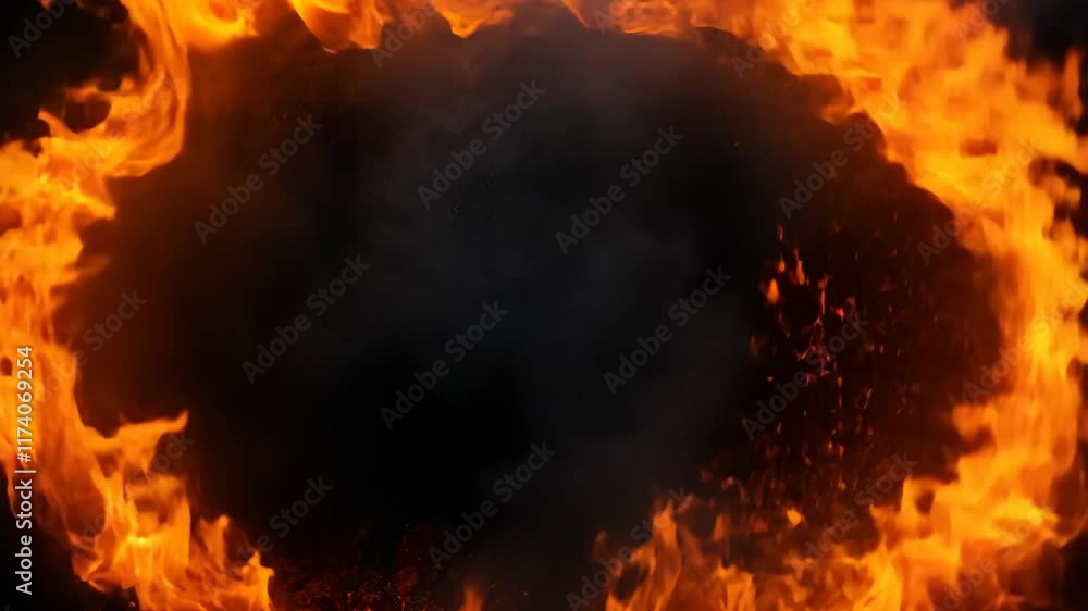 Poster fiery flames surround an empty dark space creating a dramatic visual effect