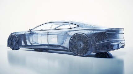 Wireframe model of a modern luxury electric car.