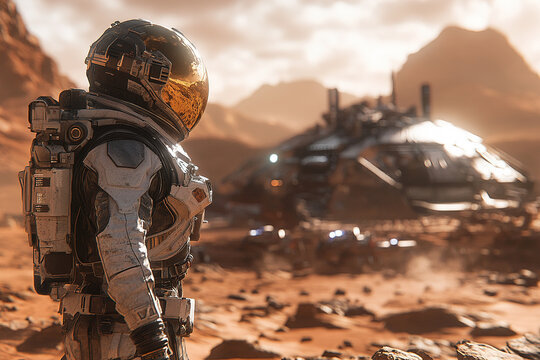 Astronaut exploring a distant planet with a futuristic spacecraft under a dramatic sky during sunset
