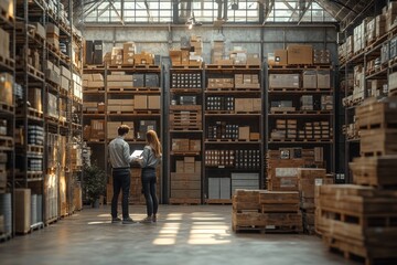 Warehouse Manager and Logistics Employee Planning Product Transportation and Shipping Process with Tablet