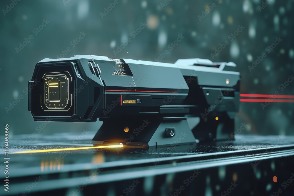 Poster futuristic weapon with glowing details rests on a sleek surface in a sci-fi setting