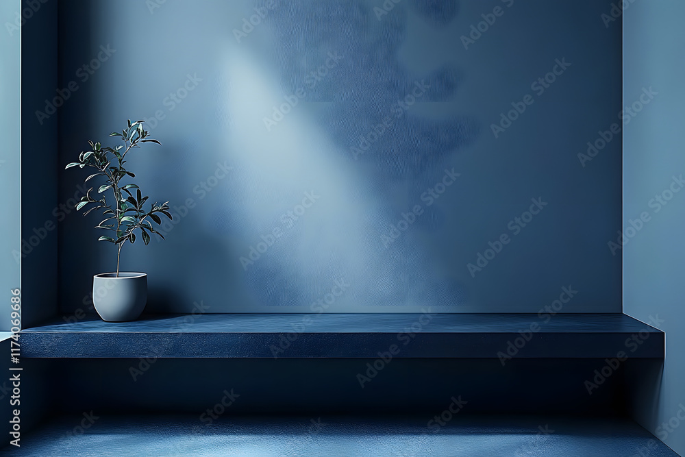 Poster a 3d blue background with an empty studio room and dark navy gallery shelf provides a minimalistic b